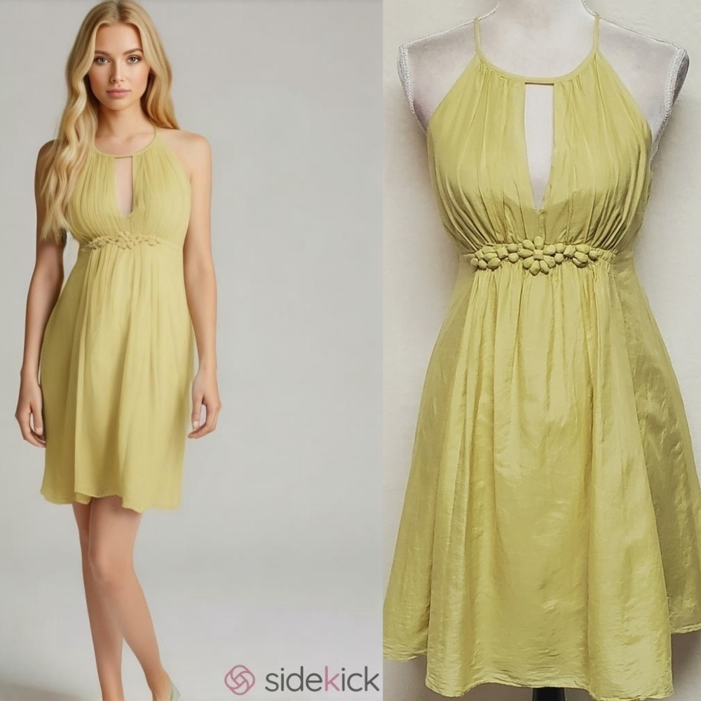Anthropologie Esley Fairy Lime Green Silk Keyhole Empire Waist Beaded Mini Dress